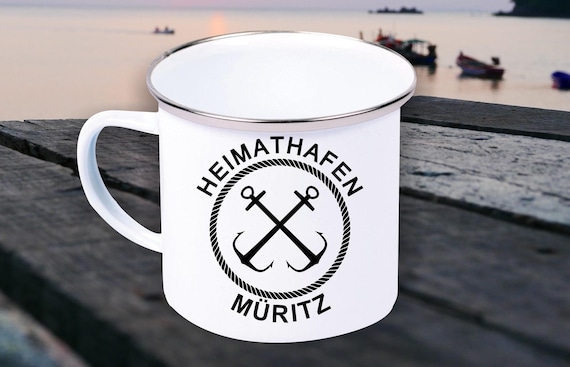 Emaille Becher "Heimathafen Müritz Urlaub Familie" Tasse Kaffeetasse Kaffeebecher Mug Retro