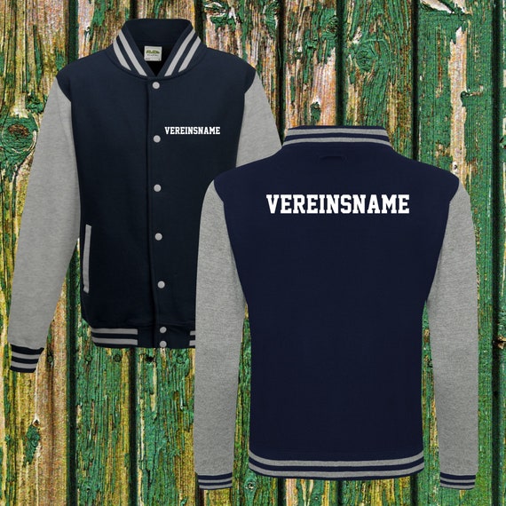 College jacket with desired print on the back and front with club name, training jacket, sports club, varsity jacket, navy/grey