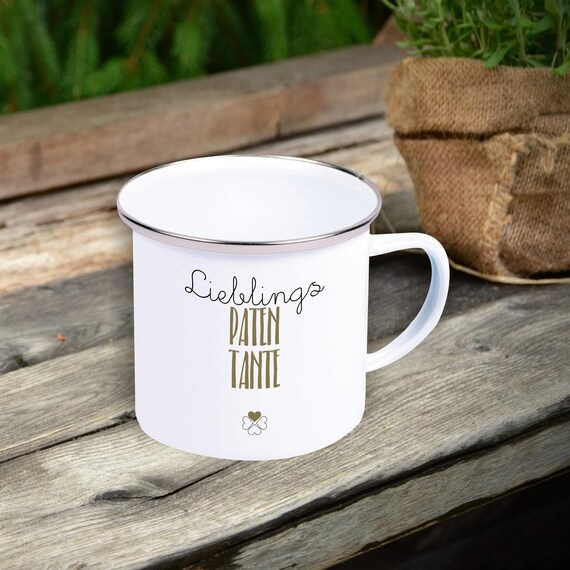 Emaille Becher "Lieblingsmensch Lieblings Paten Tante" Tasse Tee Kaffeetasse Kaffeebecher Mug Retro Campen