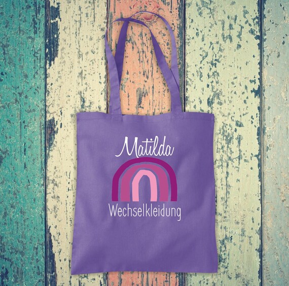 Stoffbeutel "Wechselsachen Regenbogen mit Namen" Regenbogen Schule Baumwolle Jute Sportbeutel Tasche Beutel Hort Einschulung Kita Tier