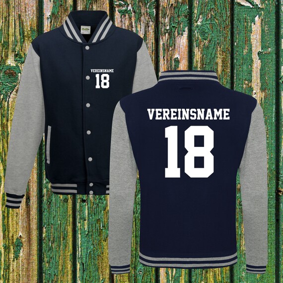 College jacket with desired print on the front and back with club name and number, training jacket, sports club, navy/grey