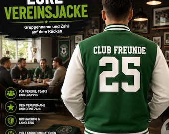 Può includere: Una giacca varsity verde e bianca con la scritta CLUB FREUNDE e il numero 25 in grandi lettere bianche sul retro. La giacca presenta colletto, polsini e orlo a coste con strisce bianche ed è indossata da una persona vista di spalle.