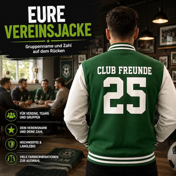 Collegejacke mit Vereinsname und Zahl auf dem Rücken – personalisierte Teamjacke für Vereine und Gruppen