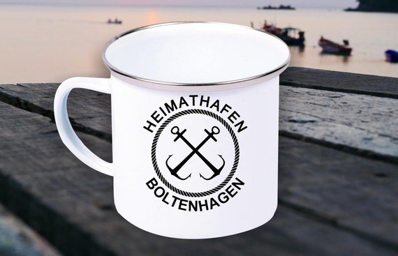 Enamel Mug "Home Port Boltenhagen Holiday Family" Cup Coffee Mug Retro