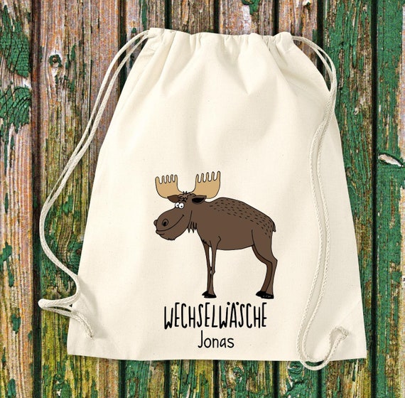 Turnbeutel Sportbeutel "lustige Tiere Elch Hirsch, Wechselwäsche mit Wunschtext Kita Hort Schule Baumwolle Gymsack Tasche Beutel