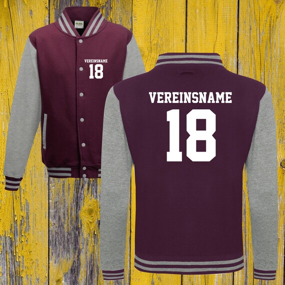 College jacket with desired print on the front and back with club name and number, training jacket, sports club, burgundy/gray