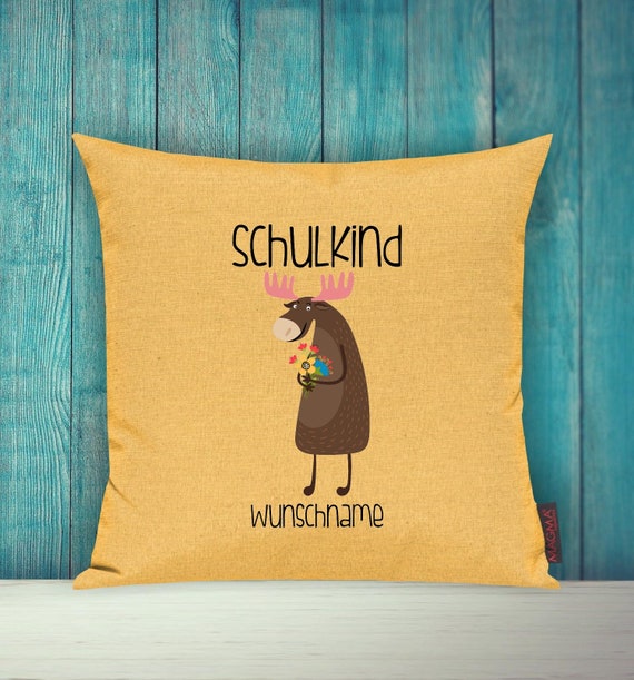 Kissenhülle Schulkind Sofa Kissen Tiere Animal Elch Wunschname Deko Kinderzimmer Geschenk Tiere Natur Wald Schule Hort Kita