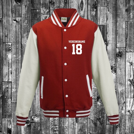 College jacket with desired print on the front with club name and number, training jacket, sports club, varsity jacket, red/white