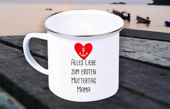 Emaille Becher "Alles Liebe zum ersten Muttertag Mama" Tasse Kaffeetasse Kaffeebecher Mug Retro