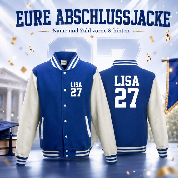 Abschluss Collegejacke mit Name und Zahl vorne und hinten – personalisierte Abi- und Jahrgangsjacke