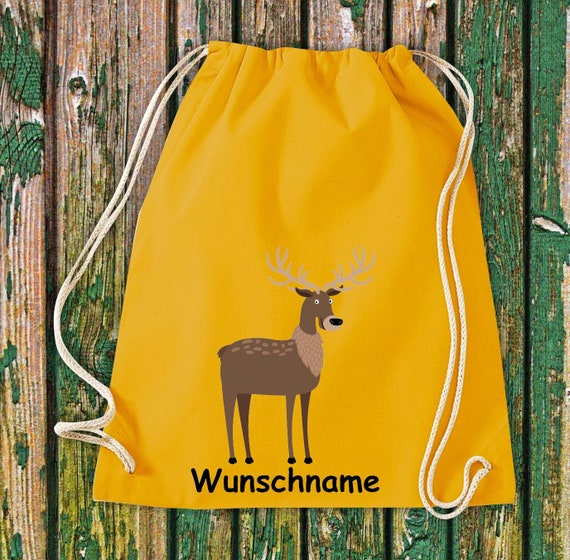 Turnbeutel Sportbeutel "Reh Hirsch mit Wunschnamen" Wunschtext Name Kita Hort Schule Baumwolle Gymsack Tasche Beutel