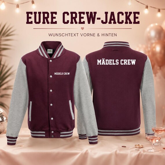 Collegejacke mit Wunschtext vorne und hinten – personalisierte Crew Jacke für JGA, Partys und Gruppen