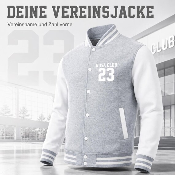 College jacket with club name and number on the front – personalized varsity jacket for teams and clubs