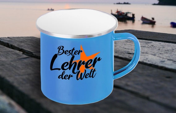 Emaille Becher "Bester Lehrer der Welt" Tasse Kaffeetasse Kaffeebecher Mug Retro