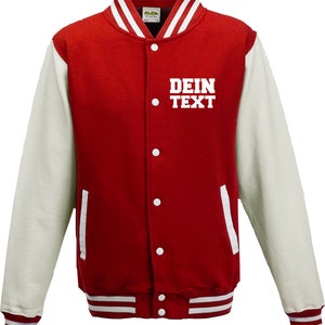 Varsity Jacket College Jacke mit Wunschdruck auf der Vorderseite Trainings Jacke Sport Verein Rot Weiß