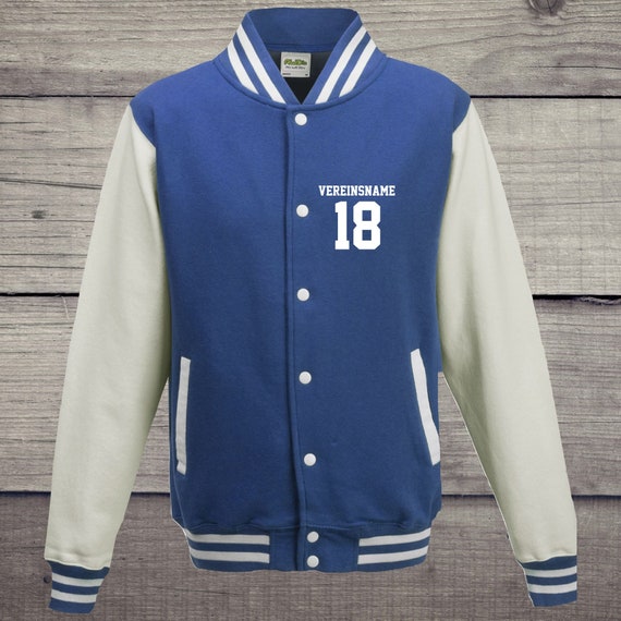 College jacket with desired print on the front with club name and number, training jacket, sports club, varsity jacket, royal/white