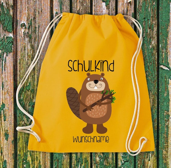 Gym bag school child animals beaver with desired text school cotton gym sack sports bag bag bag school enrollment