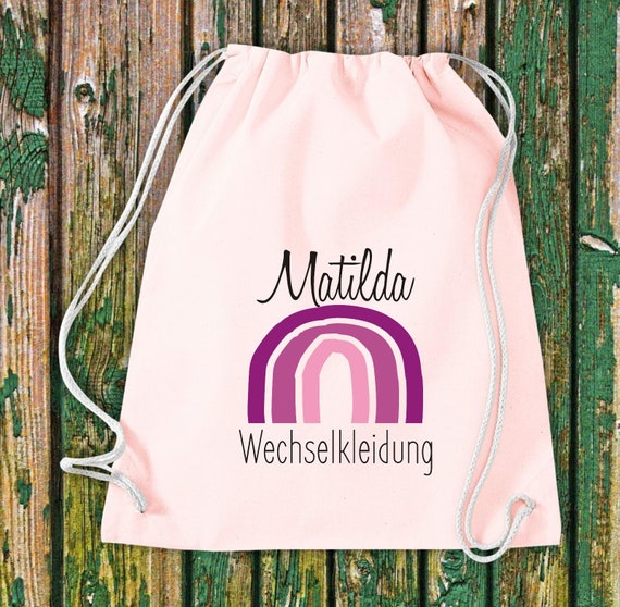 Turnbeutel mit Wunschtext "Wechselsachen Regenbogen mit Namen" Kita Hort Schule Baumwolle Gymsack Tasche Beutel Sportbeutel