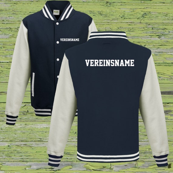 College jacket with desired print on the back and front with club name, training jacket, sports club, varsity jacket, navy/white