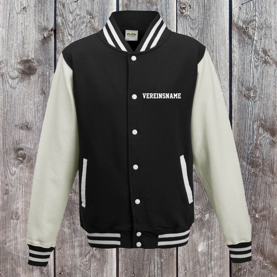 College jacket with desired print on the front with club name, training jacket, sports club, varsity jacket, black/white