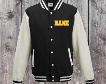 College Jacke mit Wunschdruck auf der Vorderseite Name Trainings Jacke Sport Verein Varsity Jacket Schwarz/Weiß