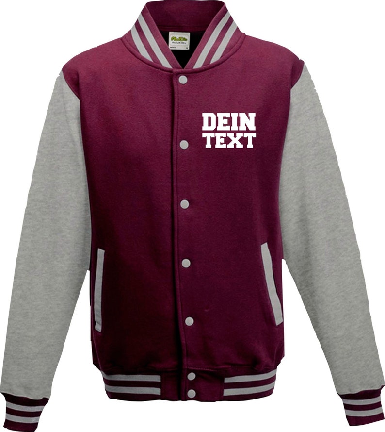 Varsity Jacket College Jacke mit Wunschdruck auf der Vorderseite Trainings Jacke Sport Verein Burgundy Grau