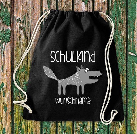 Gym bag school child animals wolf with desired text school cotton gym sack sports bag bag bag school enrollment