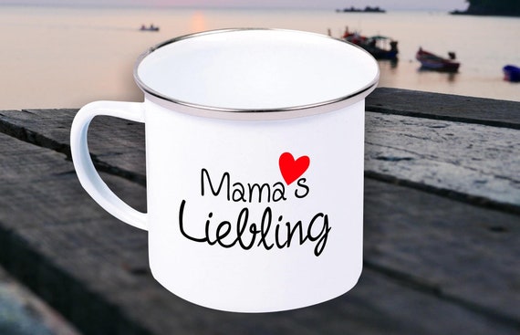 Emaille Becher "Mamas Liebling" Tasse Kaffeetasse Kaffeebecher Mug Retro