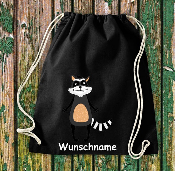 Gym bag Sports bag "Raccoon with desired name" Desired text Name Kita Hort School Cotton Gymsack Bag Bag