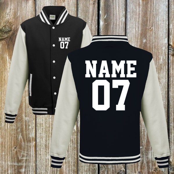 College Jacke mit Wunschdruck auf der Vorderseite und Rückseite  Zahl und Name Trainings Jacke Sport Verein Varsity Jacket Schwarz/Weiß