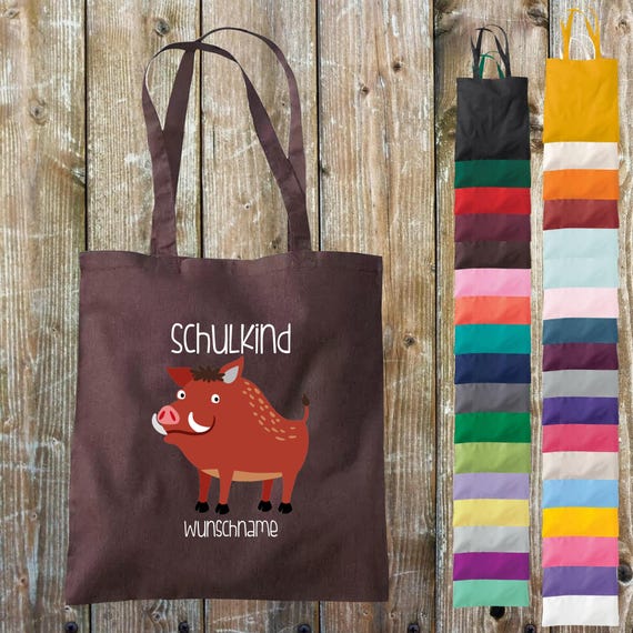 Fabric bag school child animals wild boar with desired text school cotton jute sports bag bag bag school enrollment