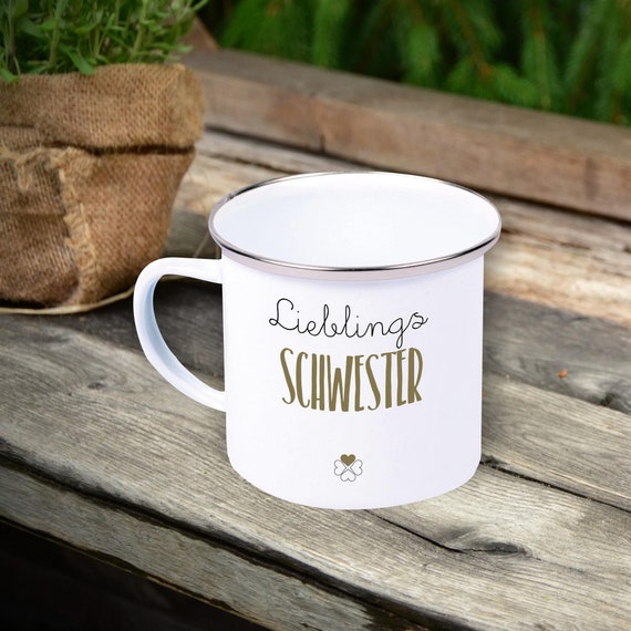 Emaille Becher "Lieblingsmensch Lieblings Schwester" Tasse Tee Kaffeetasse Kaffeebecher Mug Retro Campen