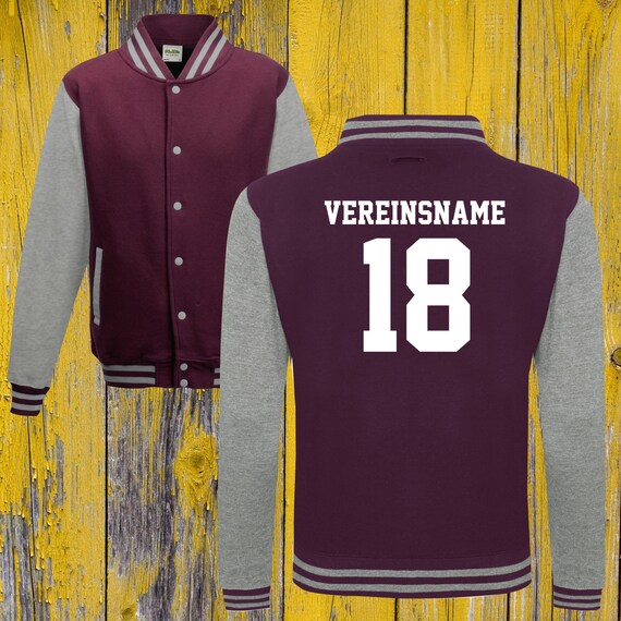 College jacket with desired print on the back with club name and number, training jacket, sports club, varsity jacket, burgundy/gray