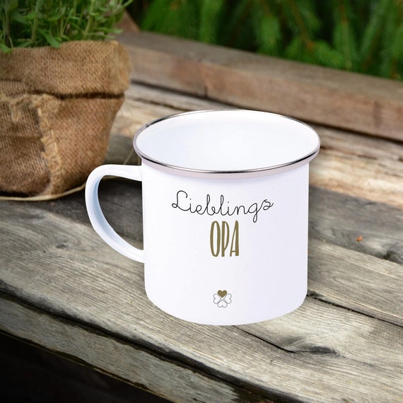 Emaille Becher "Lieblingsmensch Lieblings Opa" Tasse Tee Kaffeetasse Kaffeebecher Mug Retro Campen