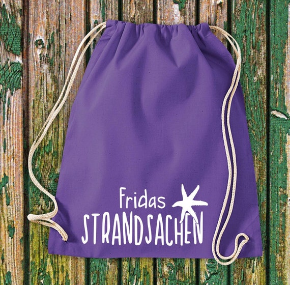 Turnbeutel Sportbeutel "Strandsachen mit Wunschnamen" Wunschtext Name Kita Hort Schule Baumwolle Gymsack Tasche Beutel