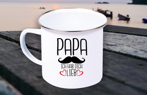 Emaille Becher "Papa Vater Ich hab dich Lieb Hipster Bart Cool" Tasse Kaffeetasse Kaffeebecher Mug Retro