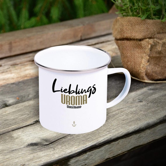Emaille Becher "Lieblingsmensch Lieblings Uroma" mit Wunschname Tasse Tee Kaffeetasse Kaffeebecher Mug Retro Campen