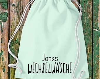 Turnbeutel Sportbeutel "Wechselwäsche mit Wunschnamen" Wunschtext Name Kita Hort Schule Baumwolle Gymsack Tasche Beutel