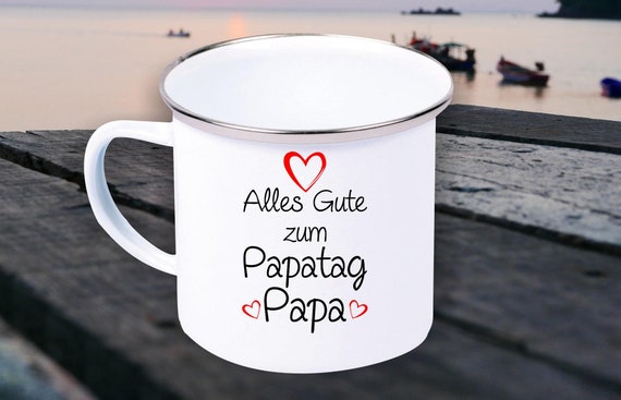 Emaille Becher "Alles Gute zum Papatag Papa" Tasse Kaffeetasse Kaffeebecher Mug Retro