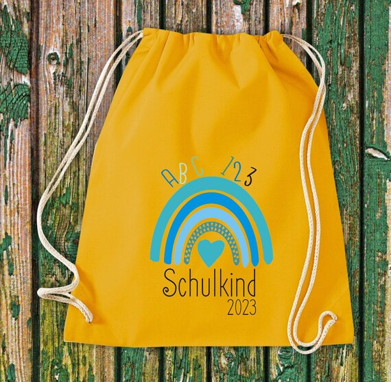 Turnbeutel mit Wunschtext "Schulkind Regenbogen mit Wunschjahr" Kita Hort Schule Baumwolle Gymsack Tasche Beutel Sportbeutel