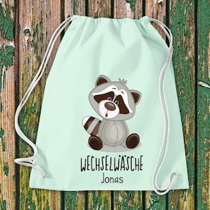 Gym bag sports bag change of clothes, raccoon with desired text daycare after-school school cotton gym sack bag pouch
