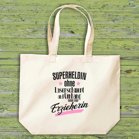 shirtinstyle cloth bag "Superheroine without laser sword and cape is called educator" Jute Shopping Bag Gift Idea Kita School Hort