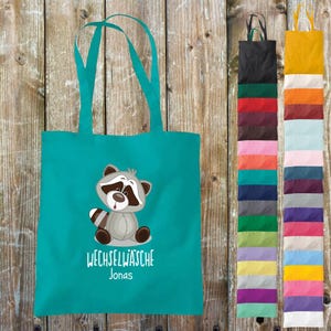 Sac en tissu pour changer de vêtements, raton laveur avec nom souhaité, texte souhaité, sac de sport en coton jute, sac après l'école, garderie, animal