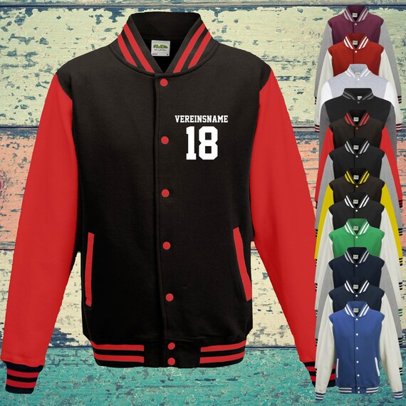 College Jacke mit Wunschdruck auf der Vorderseite mit Vereinsname und Zahl Trainings Jacke Sport Verein Varsity Jacket