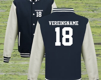 College Jacke mit Wunschdruck auf der Vorderseite und Rückseite mit Vereinsname und Zahl Trainings Jacke Sport Verein Navy/Weiß