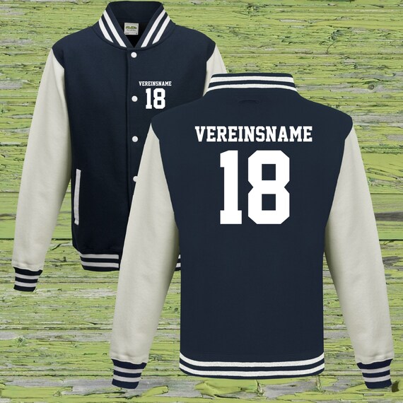 College jacket with desired print on the front and back with club name and number, training jacket, sports club, navy/white