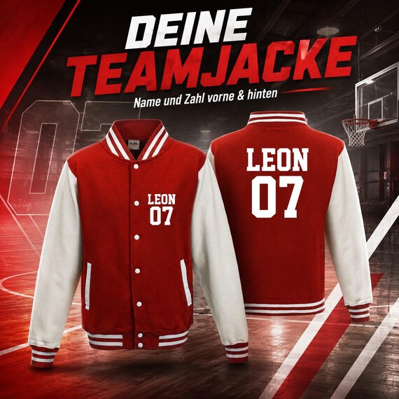College jacket with name and number on the front and back – personalized team jacket in a varsity look