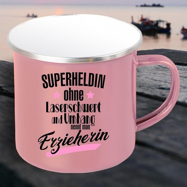 Enamel mug "Superheroine without laser sword and cape is called educator" Cup coffee cup Mug Retro coffee mug