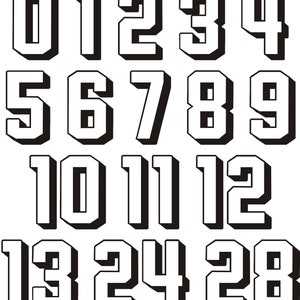 Könnte beinhalten: Schwarzweißes Bild der Zahlen 0 bis 28 in einer fetten, blockartigen Schriftart. Die Zahlen sind in vier Reihen angeordnet, wobei die erste Reihe die Zahlen 0 bis 4, die zweite Reihe die Zahlen 5 bis 9, die dritte Reihe die Zahlen 10 bis 12 und die vierte Reihe die Zahlen 13, 24 und 28 enthält.