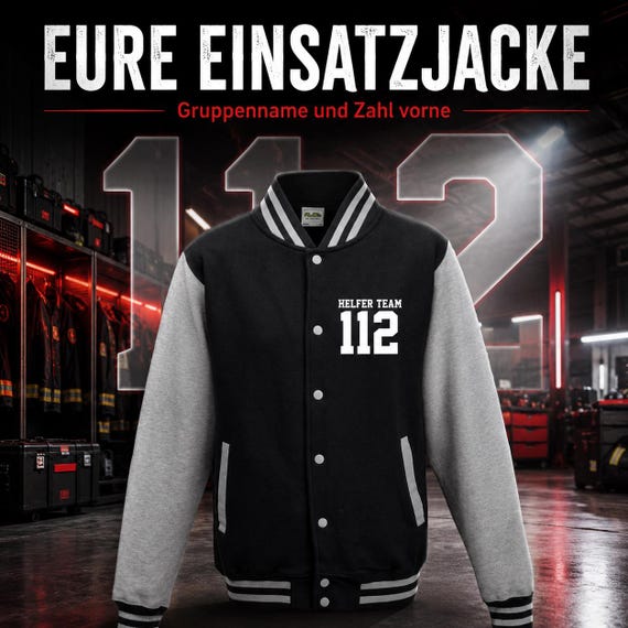 Collegejacke für Helferteam mit Gruppenname und Zahl vorne – personalisierte Teamjacke